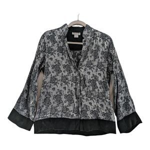 Jones New York Floral S White Black‎ Blouse Button Up Collared Tiered Top Staple